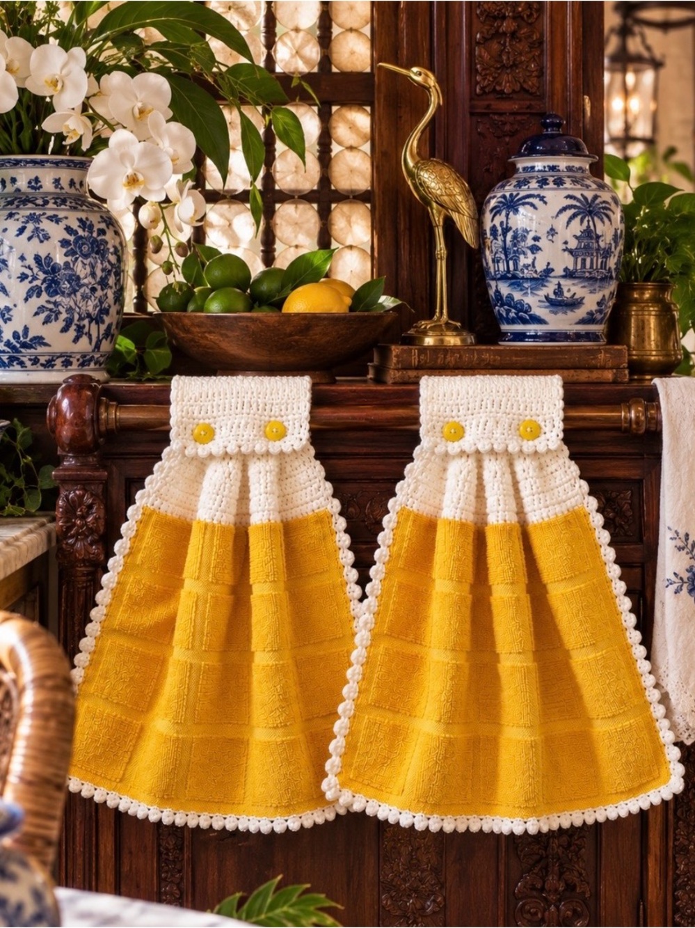 Handmade Yellow Crochet Hanging Kitchen Towels Pair